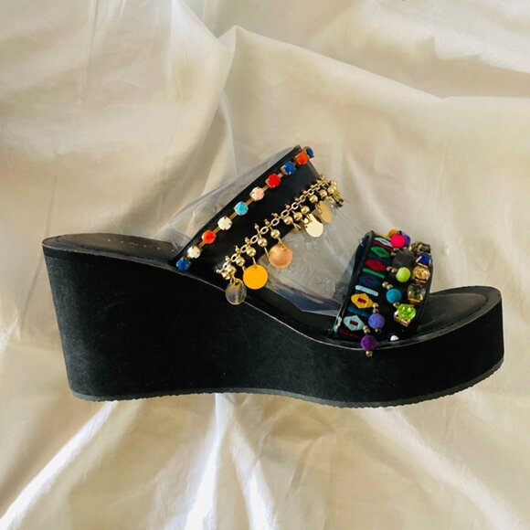 Boho Rhinestone and Beaded Platform Wedge Sandals Size 6 - Picture 2 of 11